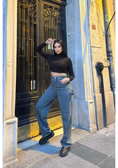 Kene Jeans Yüksek Bel Yan Kemer Tokalı Kargo Cep/baggy Bol Paça Jeans Çok Renkli