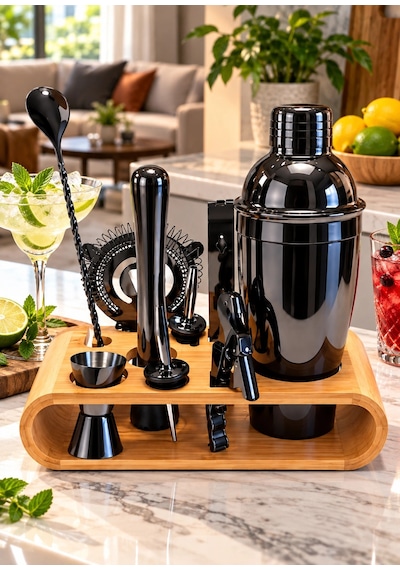 10 Parça Bambu Standlı Kokteyl Shaker Seti 700 Ml