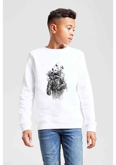 Tshirthane Astronot Uzay Akvaryum Baskılı Unisex Çocuk Beyaz Sweatshirt Beyaz
