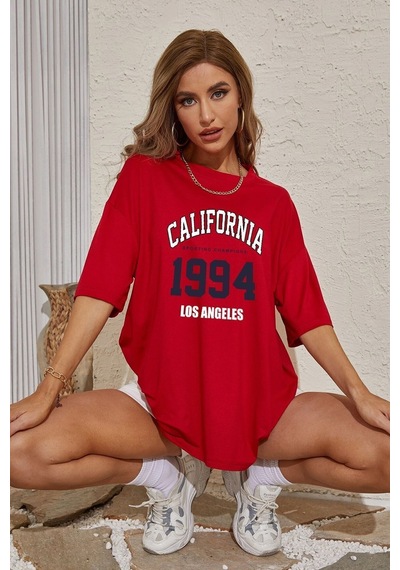 Uyguntarz Unisex California Baskılı Oversize Tshirt Kırmızı