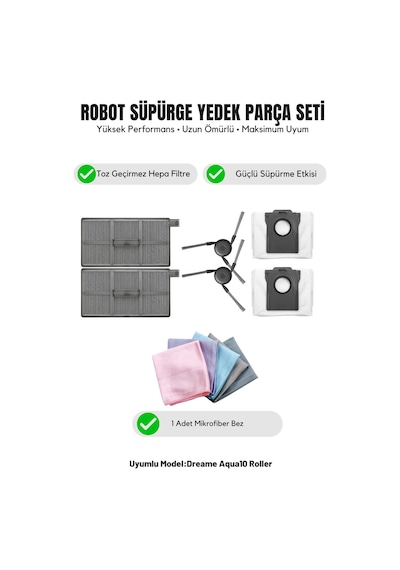 Dreame Aqua10 Roller İle Uyumlu 2 Yan Fırça 2 Filtre 2 Toz Torbası 1 Temizlik Bezi 13.0