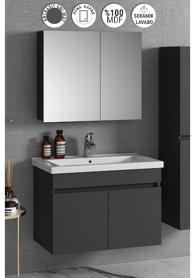 Çiğdem 80 Cm Antrasit Gri Mdf Seramik Lavabolu Asma Banyo Dolabı Antrasit - Gri