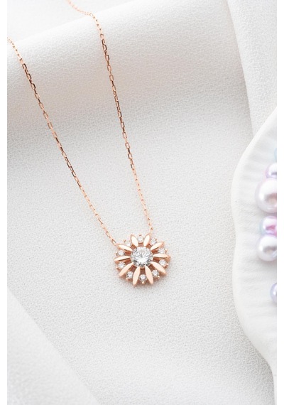 925 Ayar Gümüş Rose Kaplama Işıltılı Tektaş Güneş Kolye Rose Gold