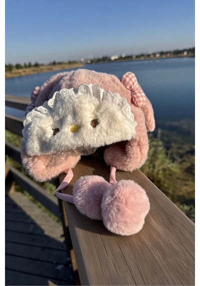 Mollycrush Kız Bebek Pudra Pembe Kışlık Peluş Tavşan Şapka Kulaklı Ponponlu Hediyelik Model Pudra Pembe