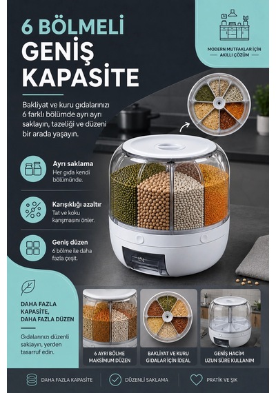 Mutfak Düzenleyici 6 Bölmeli Döner Bakliyat Kutusu Şeffaf Kapaklı Pratik Kullanım