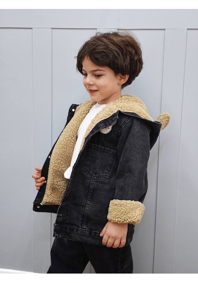 Butik Şirin Teddy Kulaklı Erkek Çocuk Siyah Kot Mont - İçi Kürklü / Peluş Astar Ceket