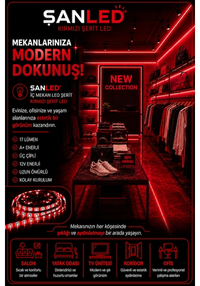 3 Çipli Şerit Led Kırmızı Renk 12v 5 Metre