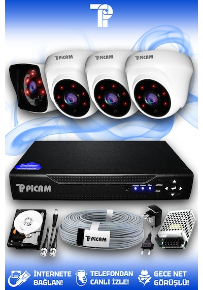 Picam 4 Kameralı Kare 3 İç Kamera Set 320 GB HDD Full HD Gece Görüşlü Güvenlik Kamerası Sistemi
