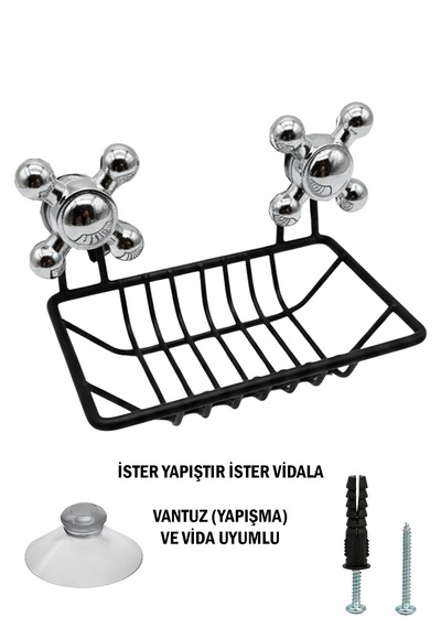 Vidalı Ve Vantuzlu Siyah Renk Sabunluk Şampuanlık Mutfak Banyo Lavabo İçin Uygundur Siyah