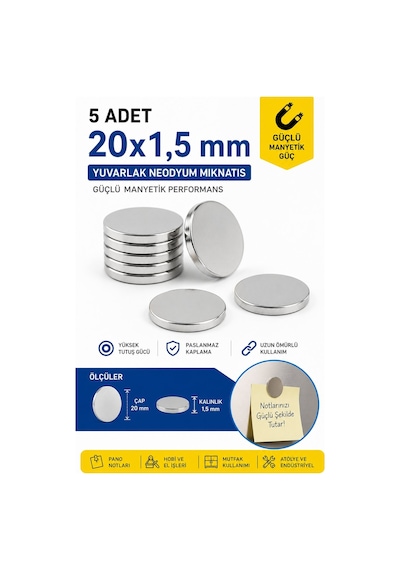 5 Adet 20x1,5 Mm Yuvarlak Neodyum Mıknatıs N35 Güçlü Magnet Çap 20 Mm Kalınlık 1,5 Mm
