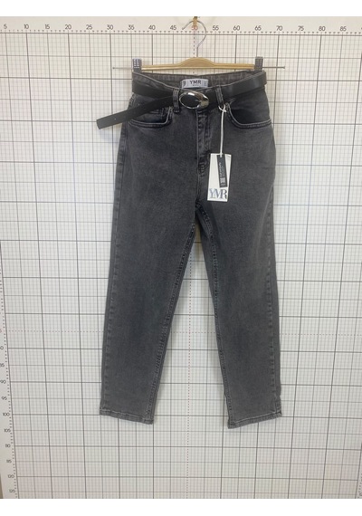 Ymr Moda Gri Kemerli Mom Kadın Kot Pantolon 23438-24 34 -32 42