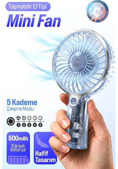 Auhma Aufn04 Taşınabilir Mini El Fanı Mavi Şarjlı, Sessiz, 500mah Type-c Kablosuz Mini Fan