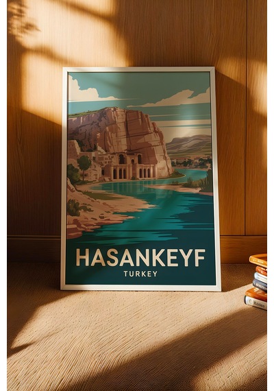 Hasankeyf Tablo - Retro Travel Poster - Batman Şehir Serisi Duvar Dekoru - Çerçeveli İllüstrasyon Beyaz