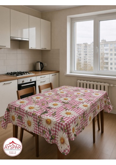 Masa Örtüsü 150x170 Cm Pembe Kareli Papatya Beyaz