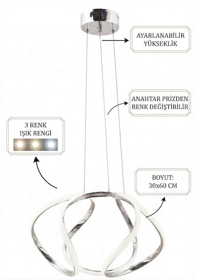 Promosyon Dron Ledli 3 Işık Rengi Krom Kaplama Modern Avize Gümüş - Krom