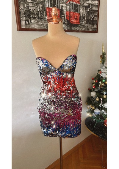 Chica Rosa Fashion Pullu Çok Renkli Straplez Mini Elbise