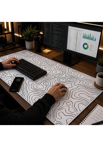 90x40 Cm Mouse Pad, Siyah Topografik Kontur Desenli Büyük Gaming Mouse Pad, Kaymaz Kauçuk Tabanlı, Dikişli Kenarlı