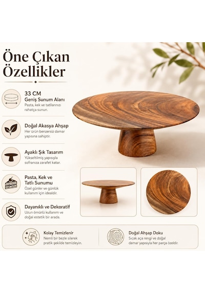 Akasya Ahşap Ayaklı Pasta Standı, 33 Cm Yuvarlak Kek Ve Tatlı Sunum Tabağı Çok renkli