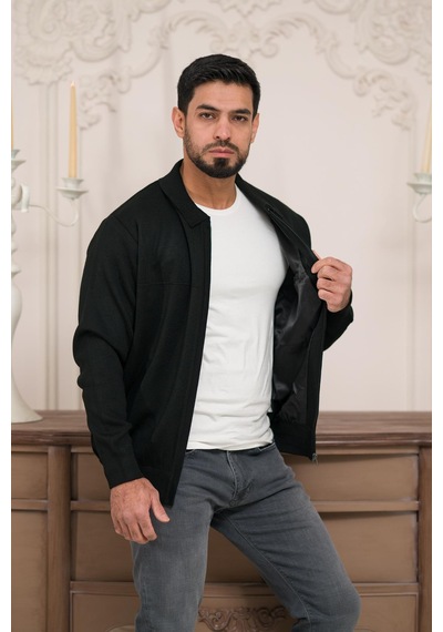 Woolen World Polo Yaka Fermuar Kapamalı Klasik Kesim Astarlı Çelik Örgü Hırka Siyah