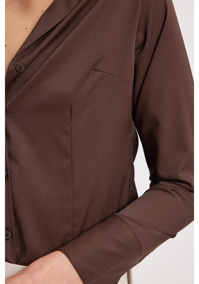 Tudors Kadın Slim Fit Dar Kesim Klasik Yaka Uzun Kollu Kahverengi Gömlek-40353 Kahverengi