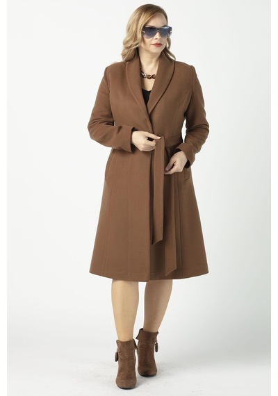 Moda Berray 932 Kadın Camel Şal Yaka Kuşaklı Toka Detaylı  Kaşe Kaban Camel