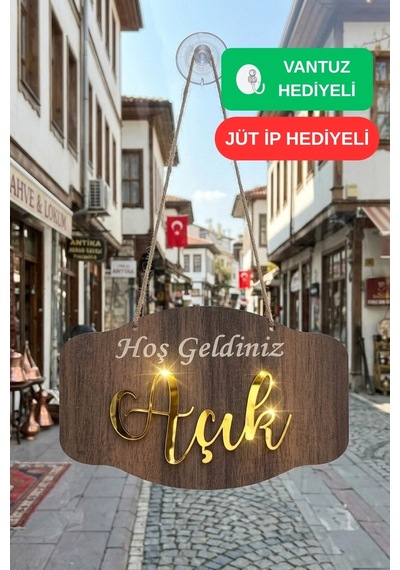 Gold Pleksi Detaylı 3d Ahşap Açık-kapalı Tabelası - Tesbih