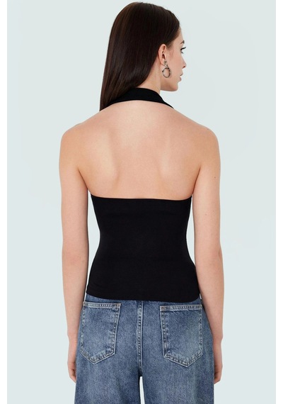 Ersefa Fitted Kalıp Viskoz Ribana Crop Bluz Boyundan Bağlamalı Yaka Günl siyah