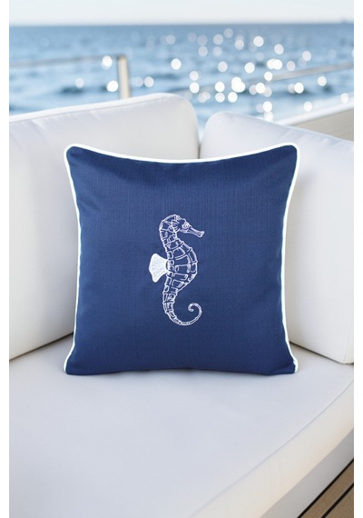 Kırlent Kılıfı 45x45 3'lü Set Marin Nakışlı Deniz Atı Desen Su İtici Outdoor Keten Tekne Bahçe Lacivert