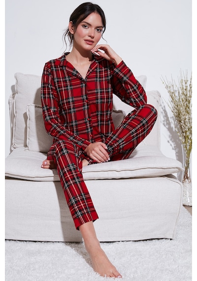 Lela Streç Regular Fit Apaş Yaka Beli Lastikli Bayan Pijama Takımı 65720501 Kırmızı-Yeşil