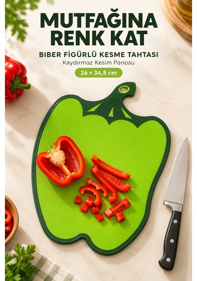 Biber Figürlü Kaydırmaz Kesme Tahtası 26x34,5 Cm Asılabilir Plastik Sebze Meyve Doğrama Panosu Yeşil