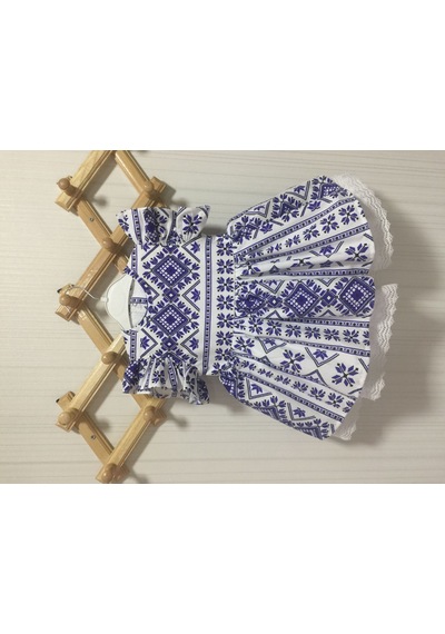 Fırfır Ve Dantel Detaylı Etnik Desenli Mavi Beyaz Kız Çocuk Bebek Elbise 001