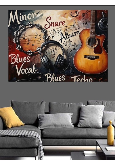 Müzik Notları Ve Klasik Gitar Dekoratif Kanvas - Mdf Ahşap Tablo