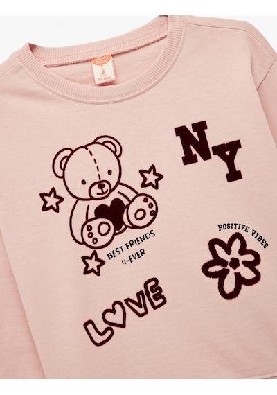 Koton Ayıcık Baskılı Uzun Kollu Bisiklet Yaka Pamuklu Sweatshirt Pembe 6wmg10072ak Gül