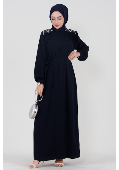 Sevitli Omuzu İşlemeli Beli Kuşaklı Tesettür Elbise-lacivert-3506-lacivert Lacivert Sevitli Omuzu İşlemeli Beli Kuşaklı Tesettür Elbise-lacivert-3506-lacivert Lacivert