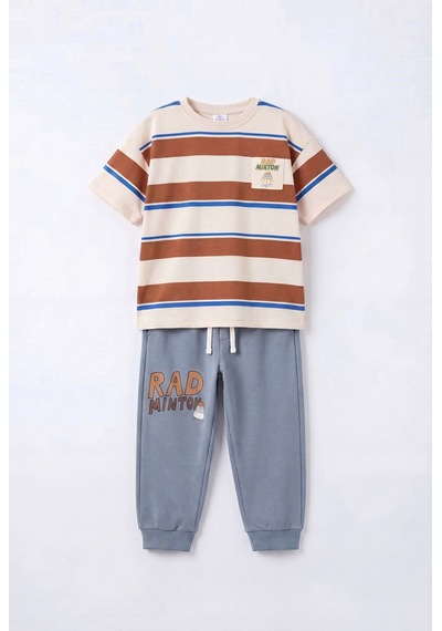 Magu Erkek Çocuk Çizgili T-shirt Jogger Pantolon Takım Çok Renkli
