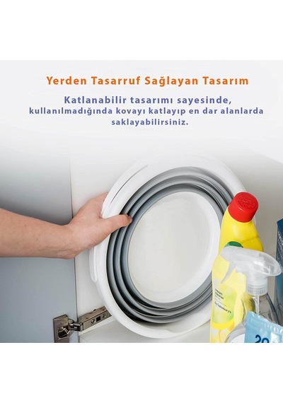 12 Litre Katlanabilir Kova - Akordiyon Katlanır Kova - Araba Kovası - Gri - 32.5 X 27.5 X 6 Cm - Pp+ Tpr