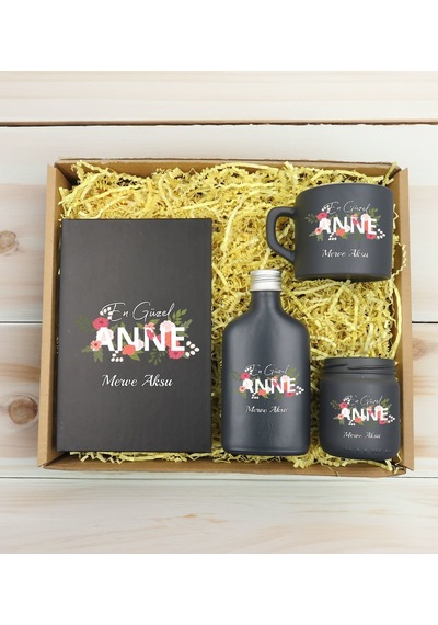 Bk Gift Kişiye Özel İsimli Dtf Anne Temalı Antrasit Defter & Kahve Fincanı & Kolonya & Mum Hediye Seti-1, Anneye Hediye, Anneler Günü Hediyesi Kobitme