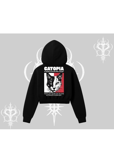 Startmore Modern Kedi Temalı Arka Baskılı Kapşonlu Crop Sweatshirt Siyah