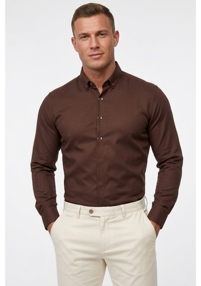 Deepsea Kahve Slim Fit Likralı Kolay Ütülenebilir Gizli Düğmeli Erkek Gömlek 2602614