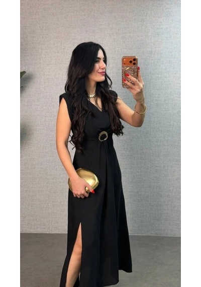 Valensdesign Kadın Kısa Kollu Vatkalı Önden Tokalı Yandan Yırtmaçlı Uzun Ithal Krep Elbise Siyah