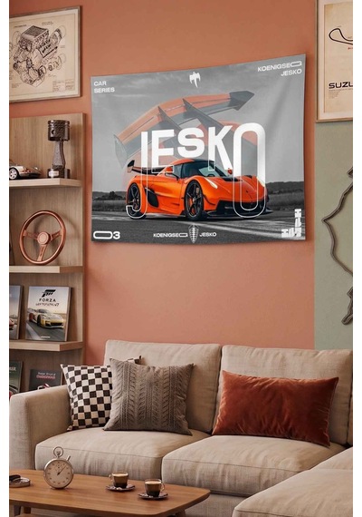 Koenigsegg Jesko Turuncu Süper Spor Araba Dekoratif Duvar Örtüsü Duvar Halısı Beyaz