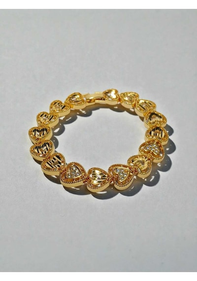 22 Ayar Altın Kaplama Kalp Motifli Kadın Bileklik - 19 Cm Zirkon Taşlı Lüks Tasarım Gold