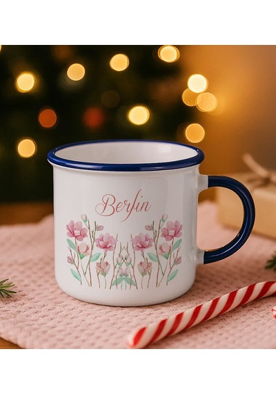 Bk Gift Kişiye Özel Çiçek Tasarımlı Lacivert Emaye Kupa Bardak -15, Arkadaşa Hediye, Sevgiliye Hediye