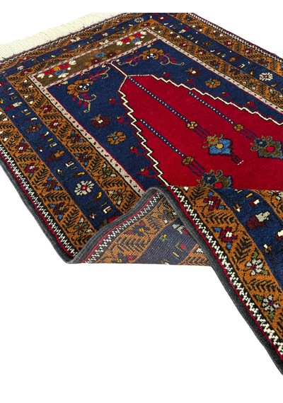El Dokuma Sıfır Yahyalı Seccade 86x140 Lacivert Kırmızı Kök Boya %100 Yün Namazlık