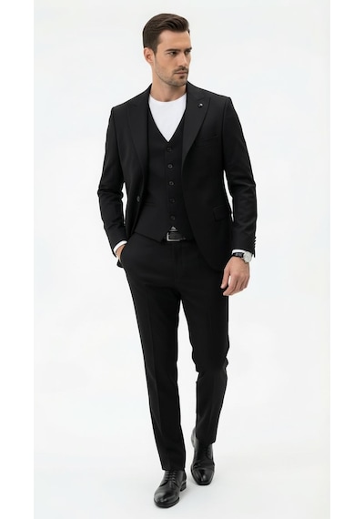 Erkek Slim Fit Takım Elbise Düz Dokulu Kırışmaya Dayanıklı Likralı Polyviskon Kumaş, Sivri Yaka, Tek Düğmeli, Çift Yır Siyah Erkek Slim Fit Takım Elbise Düz Dokulu Kırışmaya Dayanıklı Likralı Polyviskon Kumaş, Sivri Yaka, Tek Düğmeli, Çift Yır Siyah