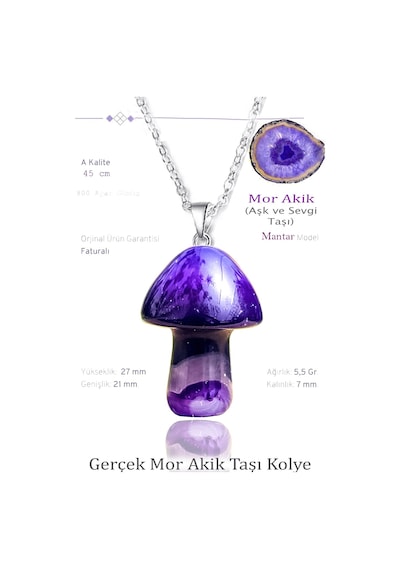Erilsa Sertifikalı Mantar Model Mor Akik Taşı Kolye - Gümüş Aparatlı Çok Renkli