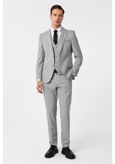 Süvari Gri Slim Fit Desenli Mono Yaka 6 Drop Yelekli Klasik Takım Elbise Süvari Gri Slim Fit Desenli Mono Yaka 6 Drop Yelekli Klasik Takım Elbise