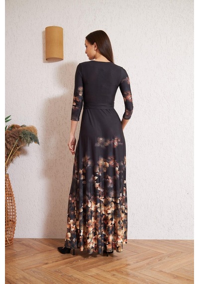 Darlin Moda Siyah Kruvaze Kahverengi Çiçek Desenli Abiye Elbise Dm1013