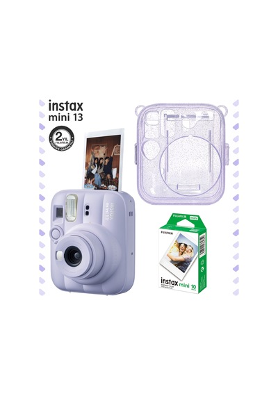 Instax Mini 13 Lila Fotoğraf Makinesi Simli Pleksi Kılıf Ve 10'lu Film Hediye Seti