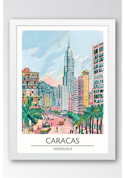 Venezuela Caracas Temalı Çerçeveli Tablo Travel Serisi Modern İllüstrasyon Şehir Duvar Dekoru Beyaz
